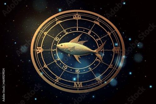 Pisces symbol on zodiac wheel amidst stars. Generative AI