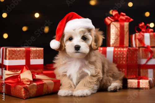 A playful puppy wearing a Santa hat and surrounded by gift-wrapped presents, symbolizing the love and creation of adorable holiday moments, love and creation with copy space © Лариса Лазебная
