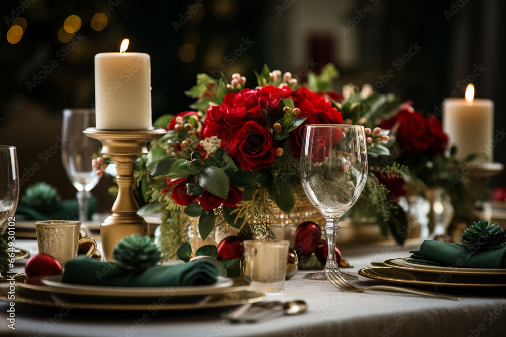 A classic red and green Christmas table setting, love and creativity with copy space