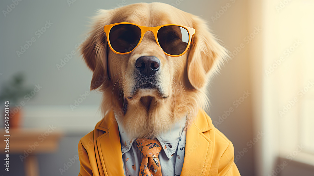 Golden retriever dog wearing sunglasses, tie and costume on a pastel background 