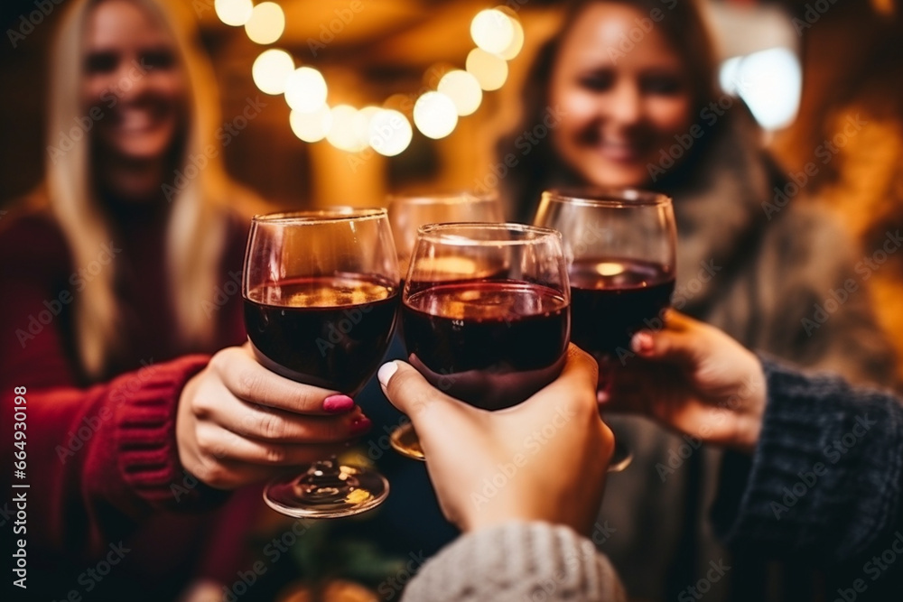A group of friends toasting with mulled wine at a holiday party, love and creativity with copy space