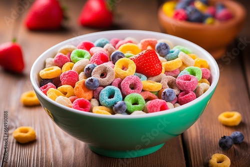 Colorful cereal  high-calorie, fruity, sweet breakfast option for children. Generative AI © Haruki