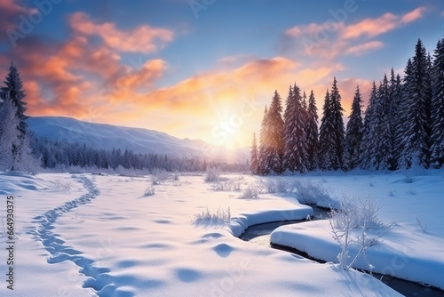 A beautiful winter sunrise over a snowy landscape, love and creativity with copy space © Лариса Лазебная