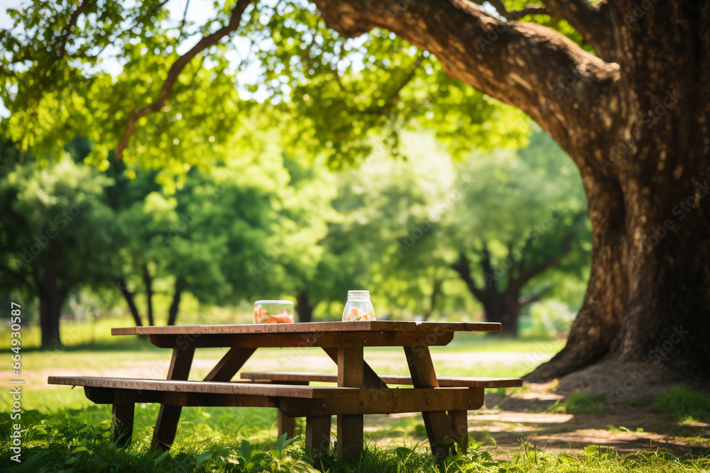 Naklejka premium Wood table for family picnic under big tree