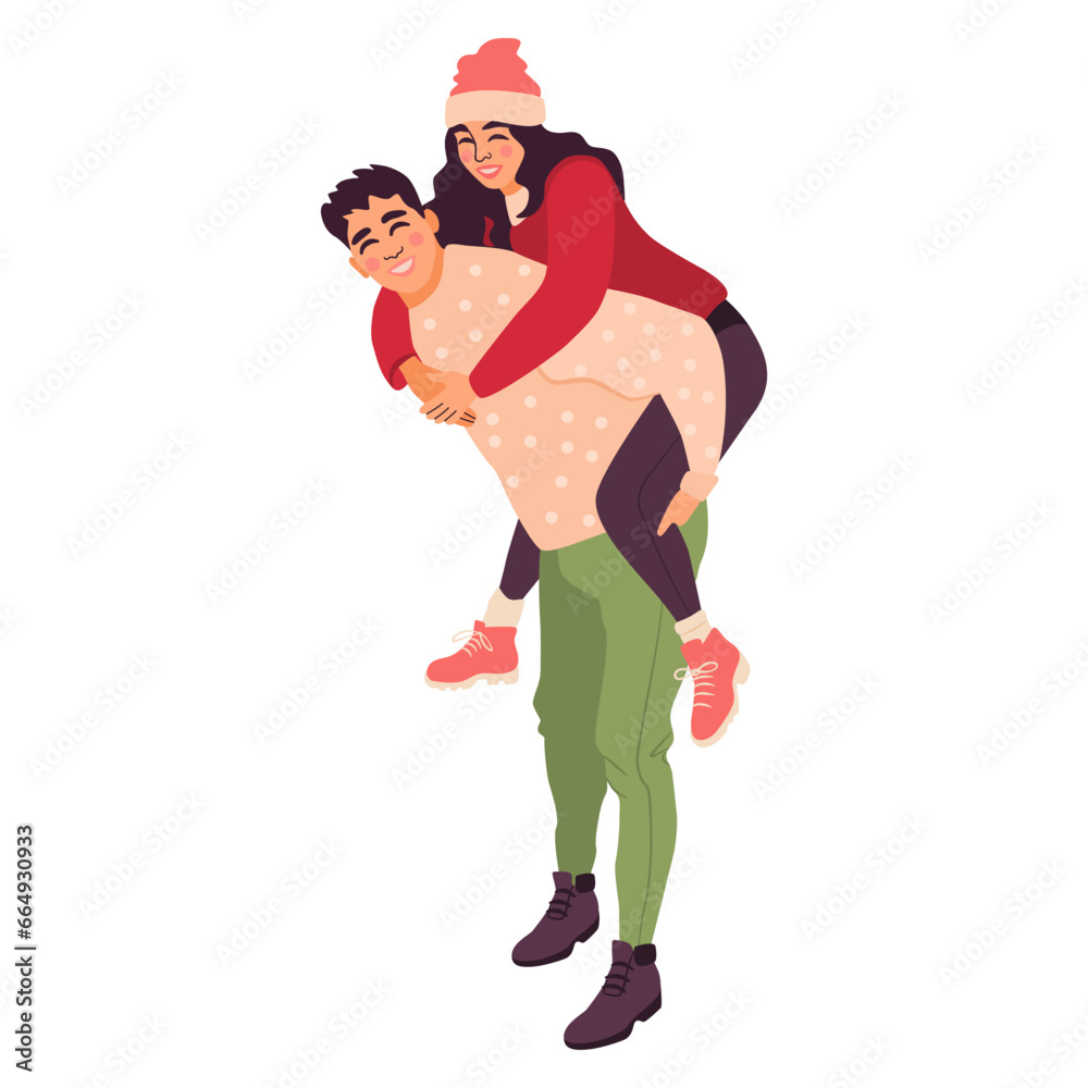 Beautiful romantic couple in winter clothes hugging. Vector illustration of young man and woman isolated on white background. Beautiful romantic couple in winter clothes hugging. Vector illustration of young man and woman isolated on white background.