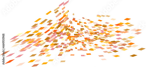 Scattered square particles ornament. Mosaic flight wind. Windy destroyed cell wall. Flight colored tiles flock direction stream.Leaf fall conditional parts single whole. Crash curved surface.