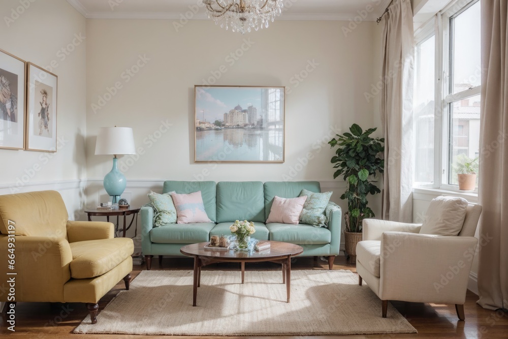 Interior mockup with picture frame on a Wall. Living room in pastel colors with sofa and painting on a wall Interior mockup with picture frame on a Wall. Living room in pastel colors with sofa and painting on a wall