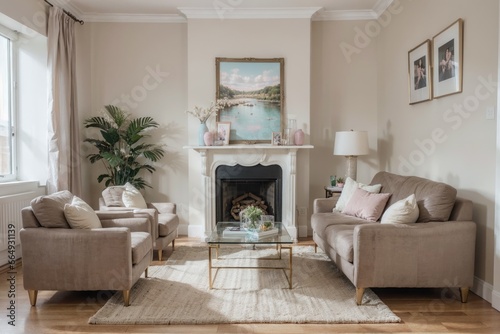 Interior mockup with picture frame on a Wall. Living room in pastel colors with sofa and painting on a wall 