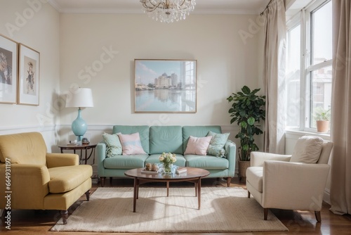 Interior mockup with picture frame on a Wall. Living room in pastel colors with sofa and painting on a wall  © Viktor