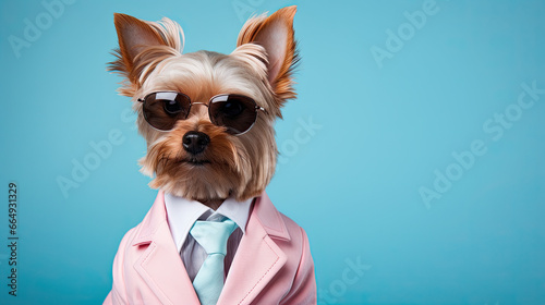 Yorkie dog wearing sunglasses, tie and costume on a pastel background 