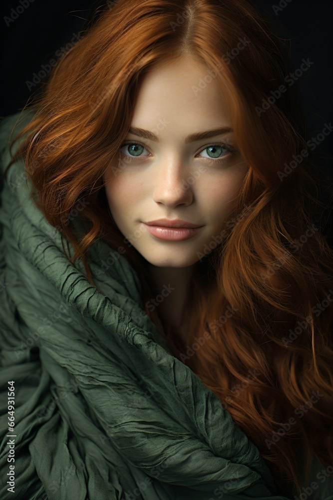 beautiful nordic green dressed woman with wavy red hair beautiful nordic green dressed woman with wavy red hair