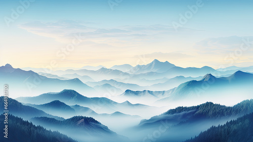 A misty morning view of a mountain range.