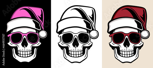 Skull Santa hat illustration for funny gothic Christmas cards and decorations. Creepy holiday season aesthetic. Minimalist vector illustration for printable products.