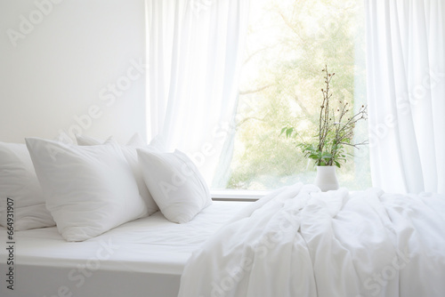 Minimal white pillow with nature light from curtian windows.