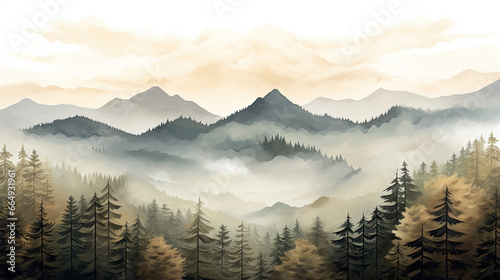 A misty morning view of a mountain range. © reddish