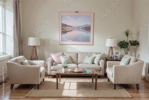 Interior mockup with picture frame on a Wall. Living room in pastel colors with sofa and painting on a wall 