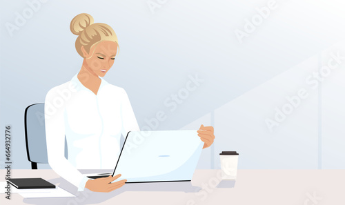Cartoon office workspace. Female employee sitting on chair and working via laptop. Woman in white formal wear. Table with coffee cup and notebook. Concept of routine day work. Vector illustration