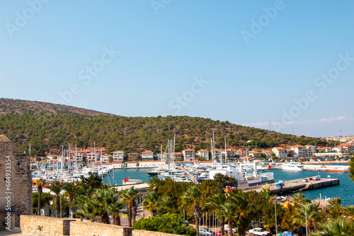 Panoramic view of Cesme from the castle and yatch marina, Izmir Turkey.