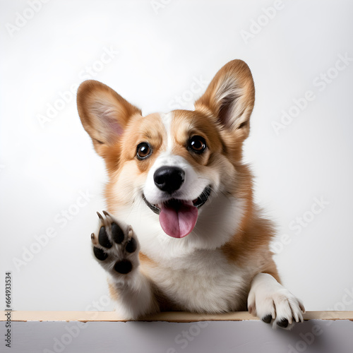 corgi dog giving paw isolated on a white background photo