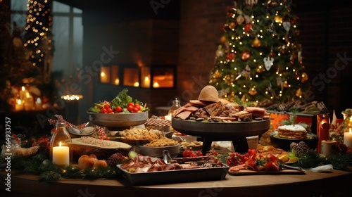  Feast by the Fire  Christmas Buffet Spread with Festive Tree and Scrumptious Treats 