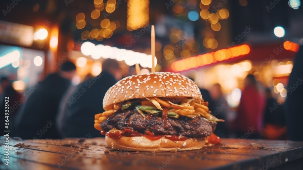 "Festive Burger Delight at Manchester Christmas Market: Tasty Food, Holiday Decorations, and Cheerful People Celebrating Winter Holidays in Europa" - obrazy, fototapety, plakaty 