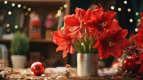 "Festive Christmas Amaryllis and Decor on Rustic Wooden Table"