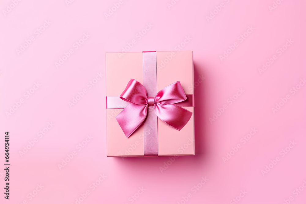 pink gift box with ribbon top view, Valentine's Day 