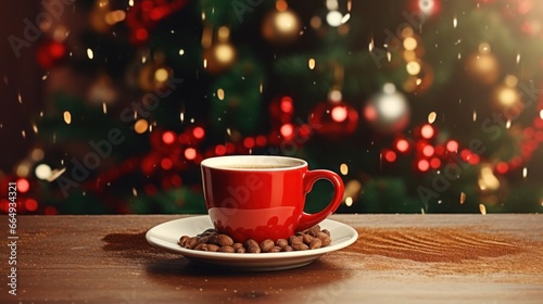 "Festive Espresso Delight - Christmas Coffee Beans in Red Cup with Tree on Wooden Table"