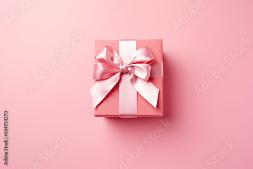 pink gift box with ribbon top view, Valentine's Day  photo