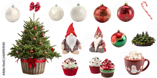 Set of Christmas decorations, Christmas tree, baubles, gnomes, isolated on transparent background, generative AI.