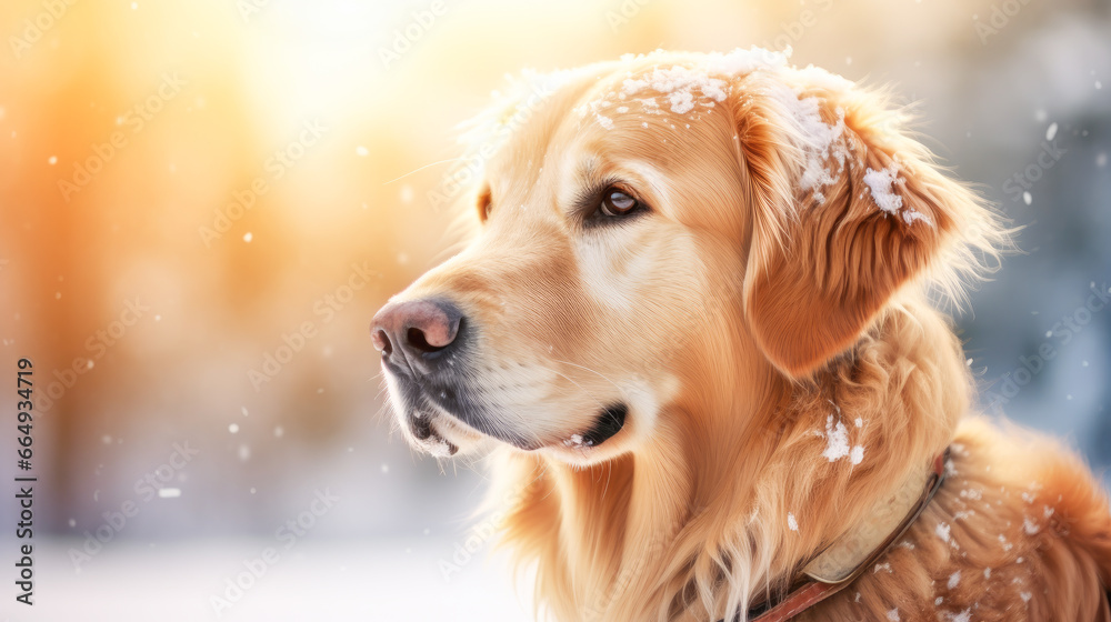 Golden retriever on a winter snowy background with copy space.
