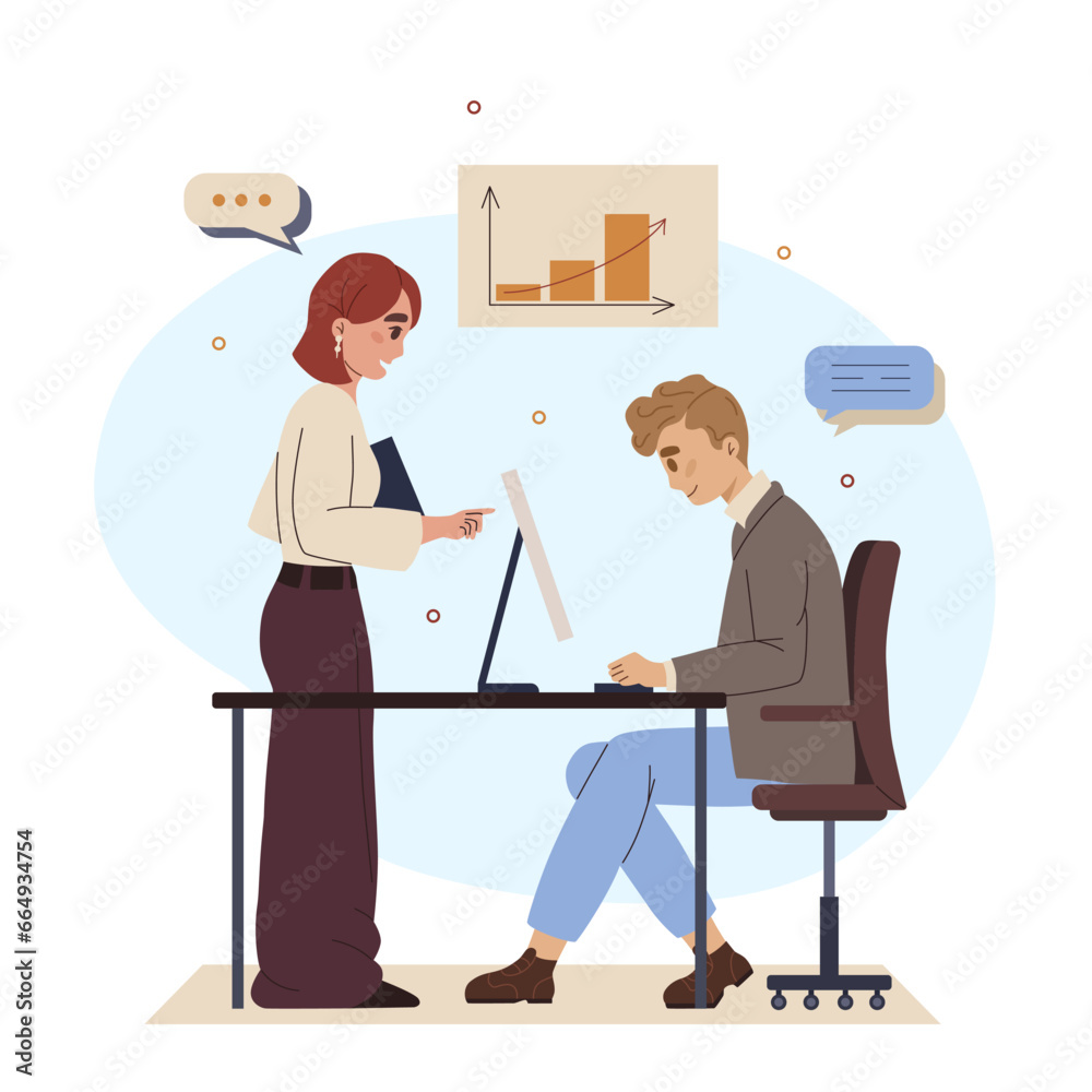 Cartoon office workspace. Male programmer sitting on chair and writing code having dialogue with female manager. Concept of employee co-working. Bar diagram and speech bubble. Vector illustration Cartoon office workspace. Male programmer sitting on chair and writing code having dialogue with female manager. Concept of employee co-working. Bar diagram and speech bubble. Vector illustration
