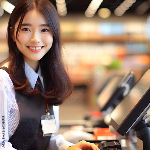 The young and attractive saleswoman, cashier serving customers