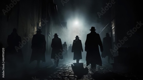 Several dark silhouettes of criminal people