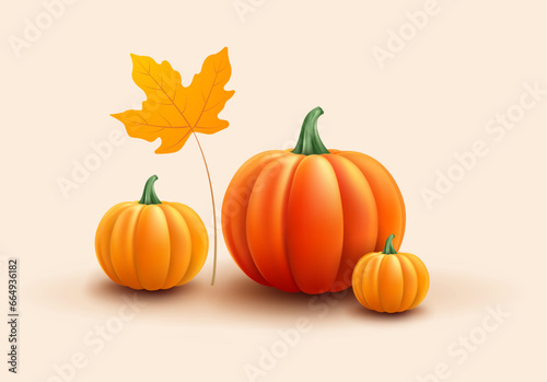 Pumpkins vector for Thanksgiving, Halloween, autumn holiday designs - 3d realistic orange pumpkins and a yellow leaf illustration - isolated