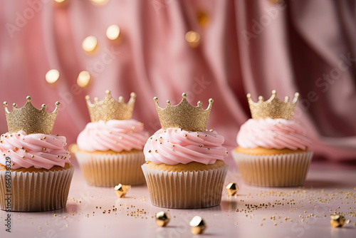 Pink cupcakes with crown on the top, birthday girl party 