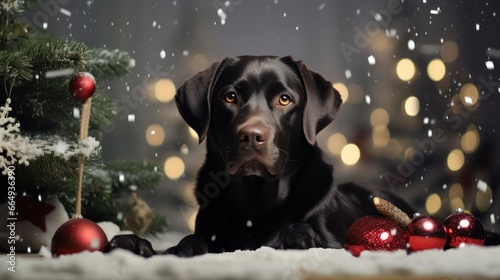 "Adorable Black Labrador Puppy Celebrating Christmas with Gifts and Decorations"