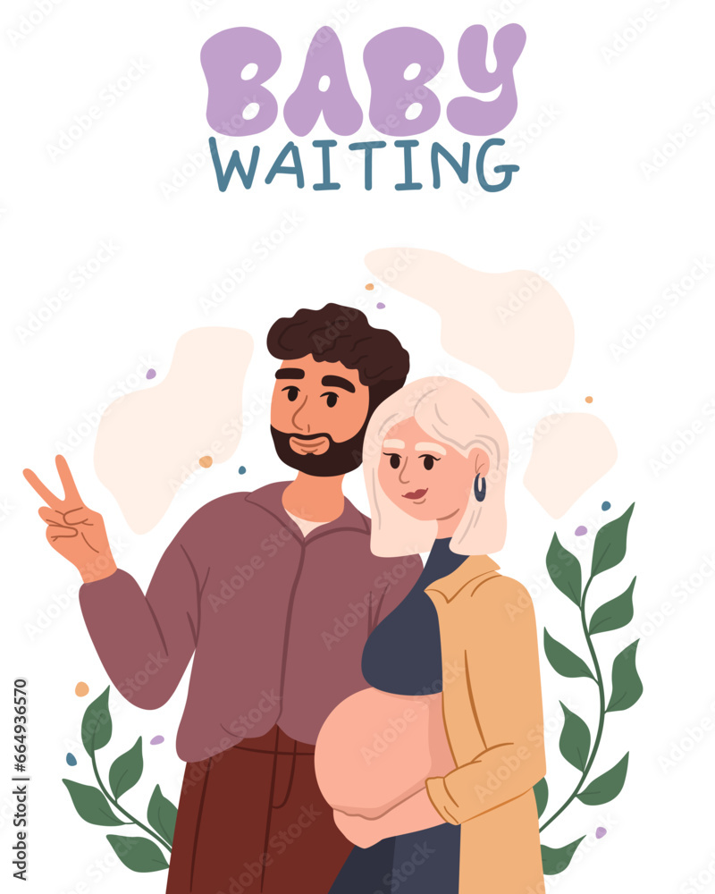 Postcard of pregnant woman, husband waiting baby. Motherhood and maternity concept. Happy couple, cartoon parent. Father and mother. Family love, beautiful female. Birth expecting. Vector illustration Postcard of pregnant woman, husband waiting baby. Motherhood and maternity concept. Happy couple, cartoon parent. Father and mother. Family love, beautiful female. Birth expecting. Vector illustration