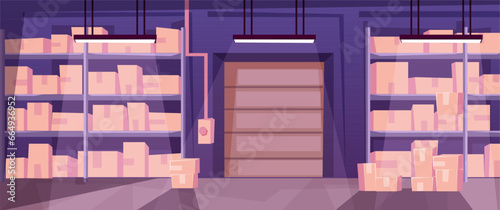 Cartoon warehouse interior. Rack with carton boxes. Shelves with goods, various parcels. Garage door. Indoor storehouse. Industrial stockroom storage. Logistic delivery. Vector illustration