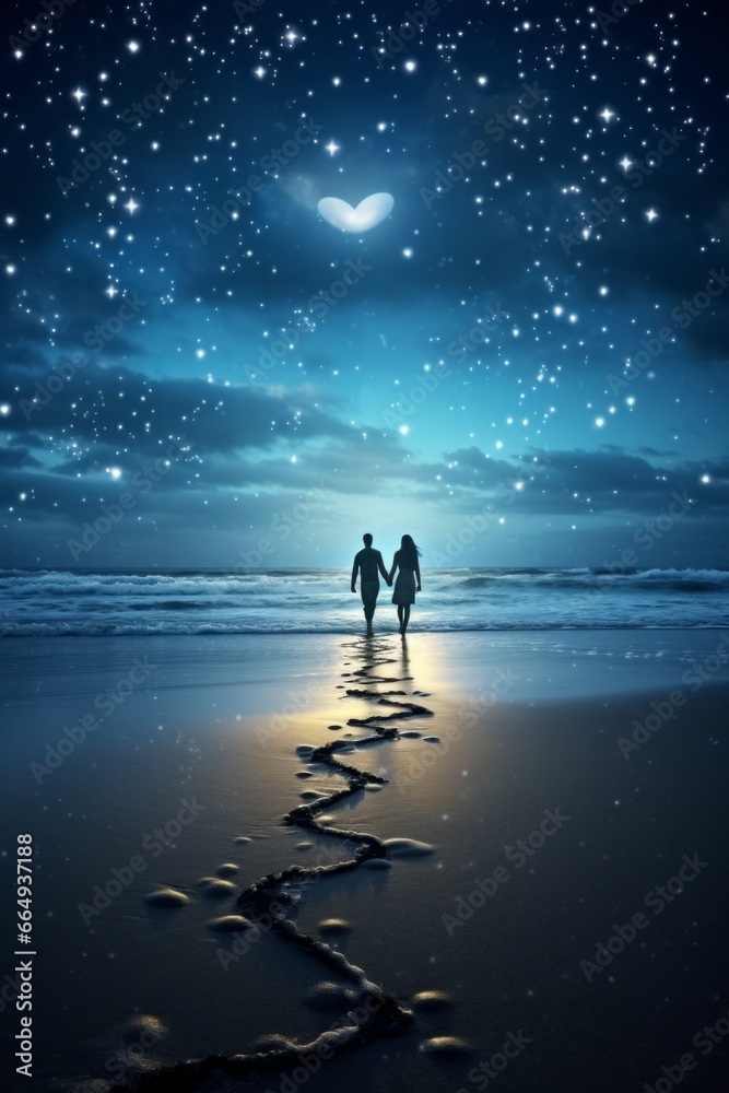 A romantic scene of a couple walking hand in hand along a moonlit beach, their footprints leaving a trail of hearts in the sand.