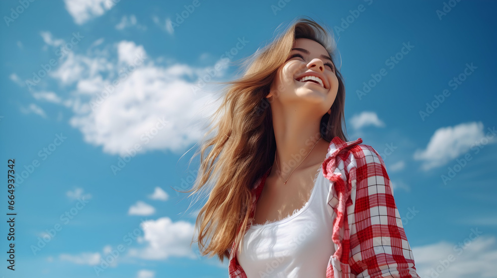 Happy girl on background of a summer blue sky with white clouds