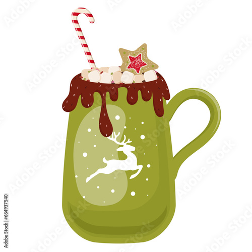 Hot sweet drink with marshmallow in green rug with deer print. Chocolate cacao dessert. Cute cartoon design. Coffee cup with delicious beverage. Isolated on white background. Vector illustration