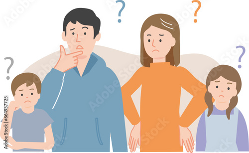 疑問をかかえて首をかしげる若い夫婦と子どもの家族