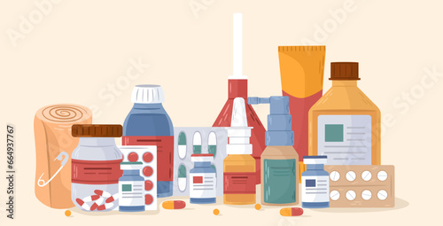 Set of medication pharmacy. Medicine for health care, vitamin capsule. Drug and pill treatment. Doctor prescription. Bottle container, painkiller blister. Peach background. Vector illustration