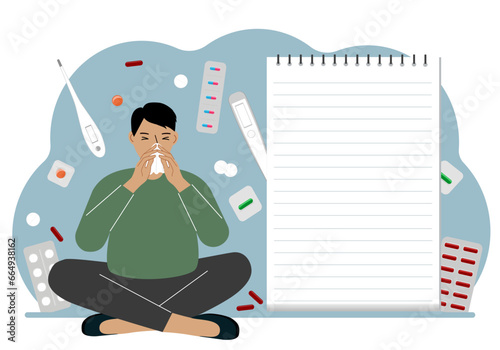 A sick man with a runny nose holds a handkerchief. Nearby there are a lot of medicines, pills, thermometers and a large notebook for notes.