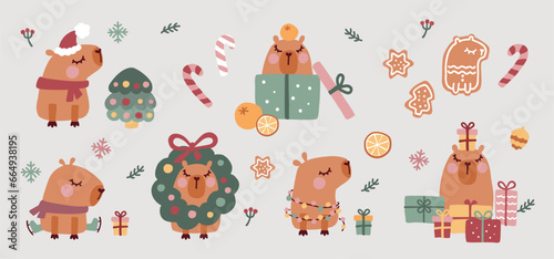 Christmas collection with cute capybaras and Christmas decorative elements 