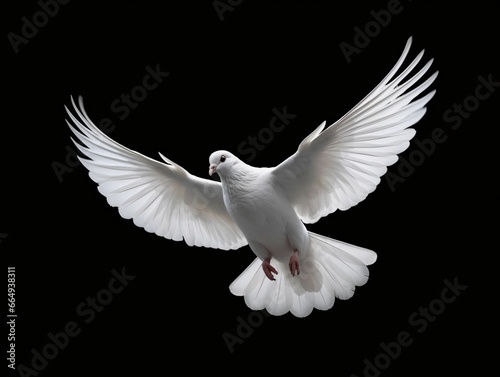 Beautiful White Dove Flapping Its Wings Isolated on Black Background