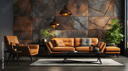 Leather terra cotta sofa near stone tiled 3d panel wall. Interior design of modern living room photo