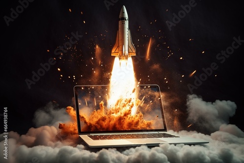 boosting online income with a rocket-fueled laptop. Generative AI photo