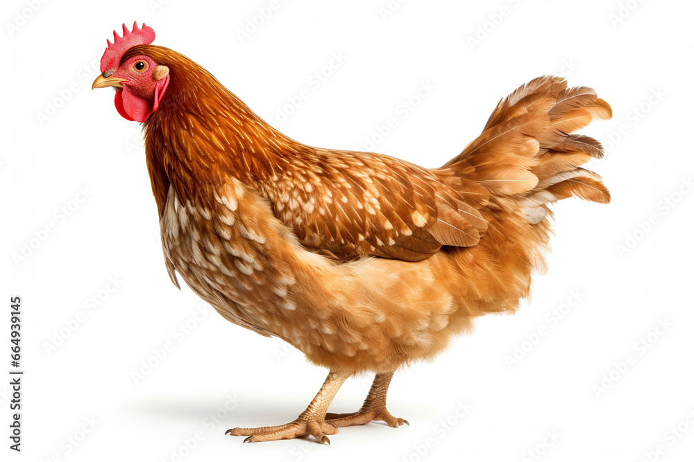 Fototapeta premium Brown Hen Showcasing Its Strut on a White Background